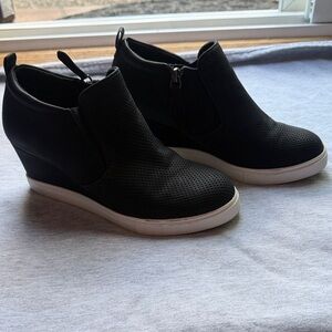 Susina Black Perforated Wedge booties with side zip